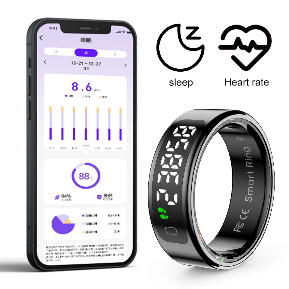 Touchscreen Smart Ring with Display – Heart Rate & Blood Oxygen Monitor, 5ATM Waterproof, Android & iOS Compatible - Gift for All