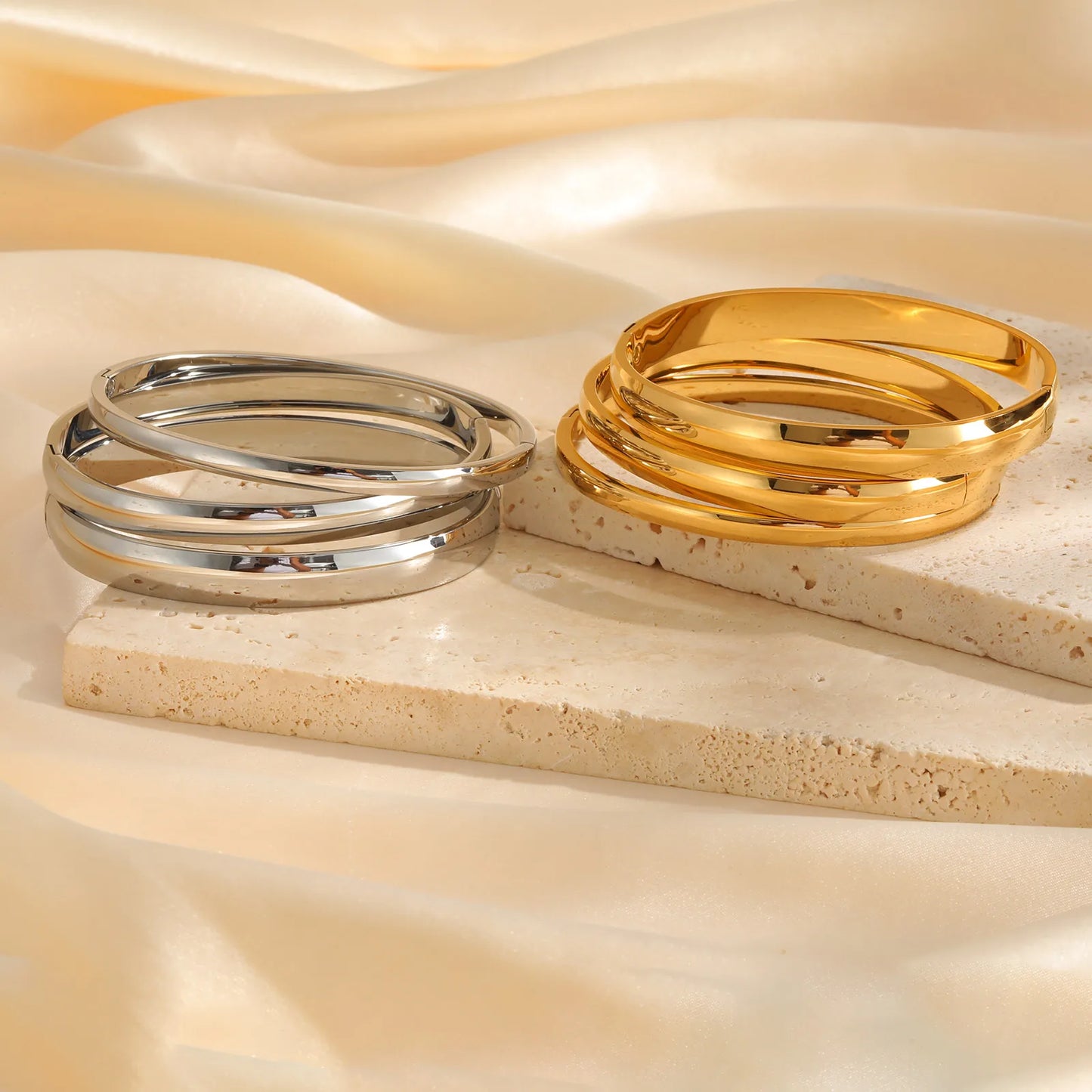 18K Gold Plated Stainless Steel Bangles for Women – 4mm, 5.7mm & 7.7mm Smooth Openable Bracelet, Classic & Elegant Jewelry Accessory