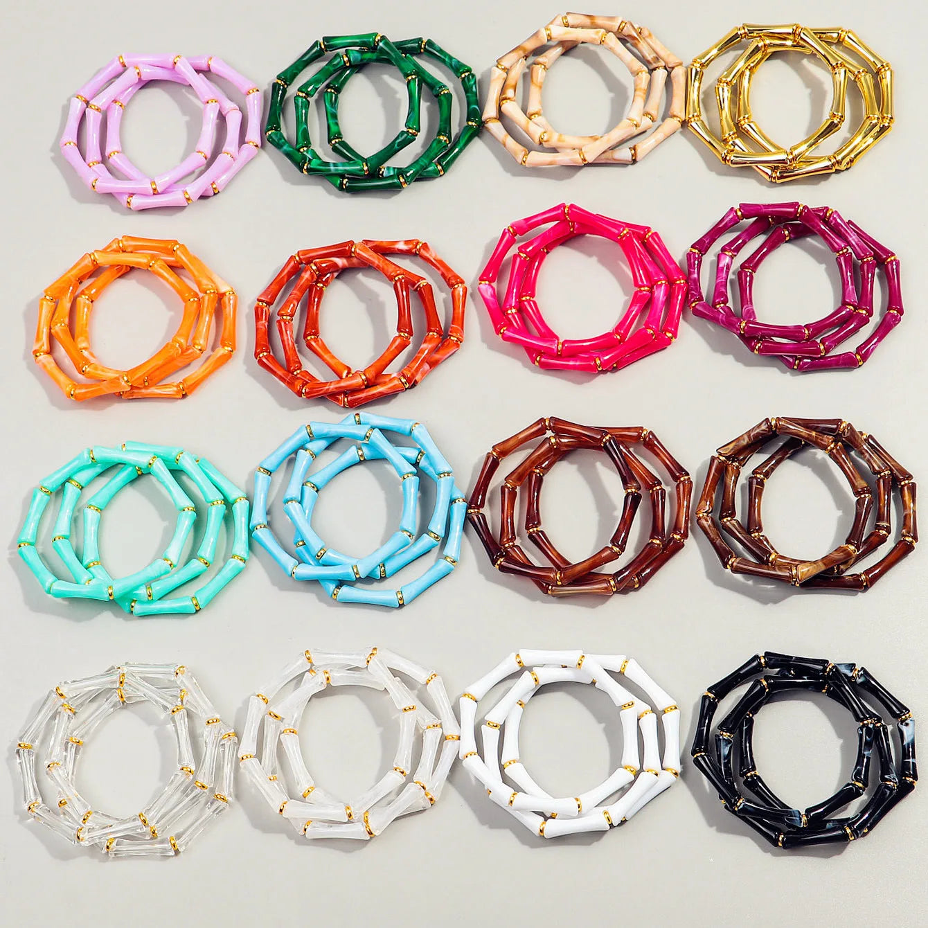 Three Pieces Set of Boho Bamboo Acrylic Bracelets for Women - New Colorful Resin Thin Tube Bead Stretchy Bracelet Bangle Stackable Jewelry - Perfect Gift for Women