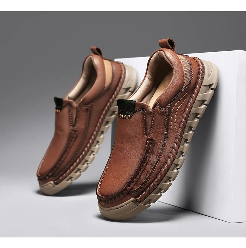 Classic Retro Leather Loafer Shoes for Men – Elegant Hand-Sewn Slip-On Casual Footwear for Summer & Spring Parties - Gift for Him