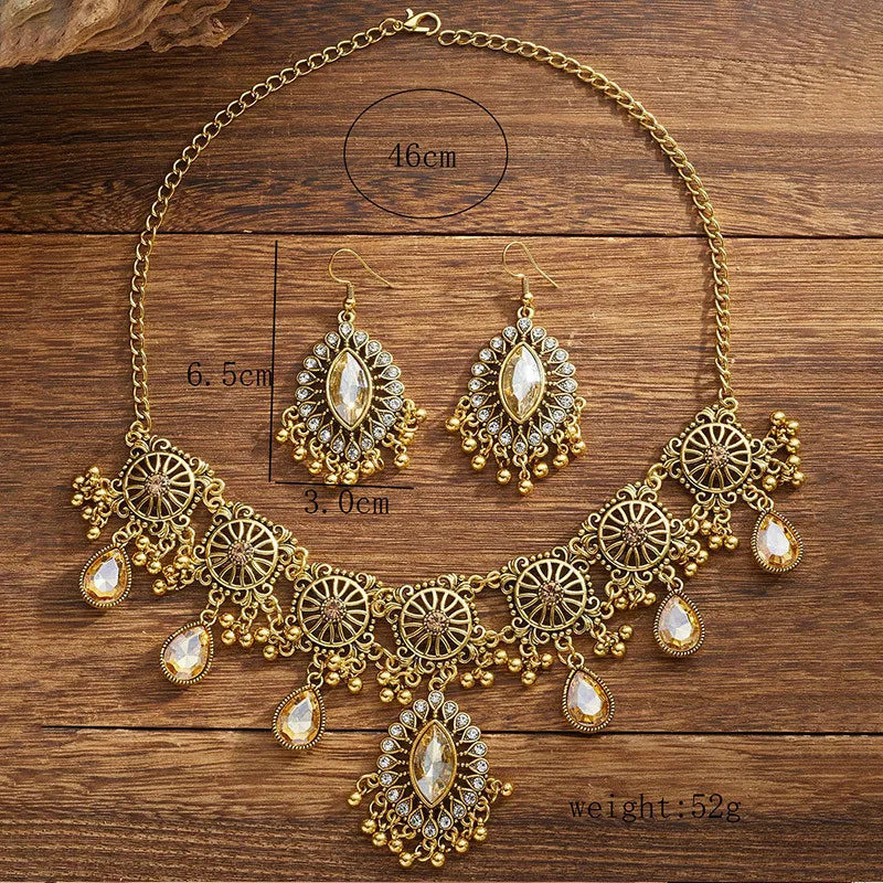 Hollow Metal Ethnic Water Drop Jewelry Set for Women – Vintage Resin Pendant Necklace & Earring Gift Set for Her