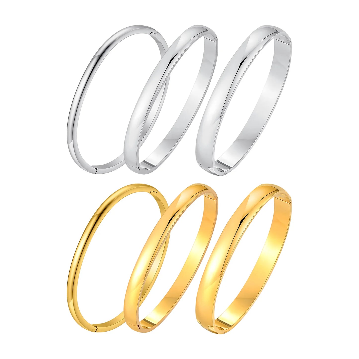 18K Gold Plated Stainless Steel Bangles for Women – 4mm, 5.7mm & 7.7mm Smooth Openable Bracelet, Classic & Elegant Jewelry Accessory