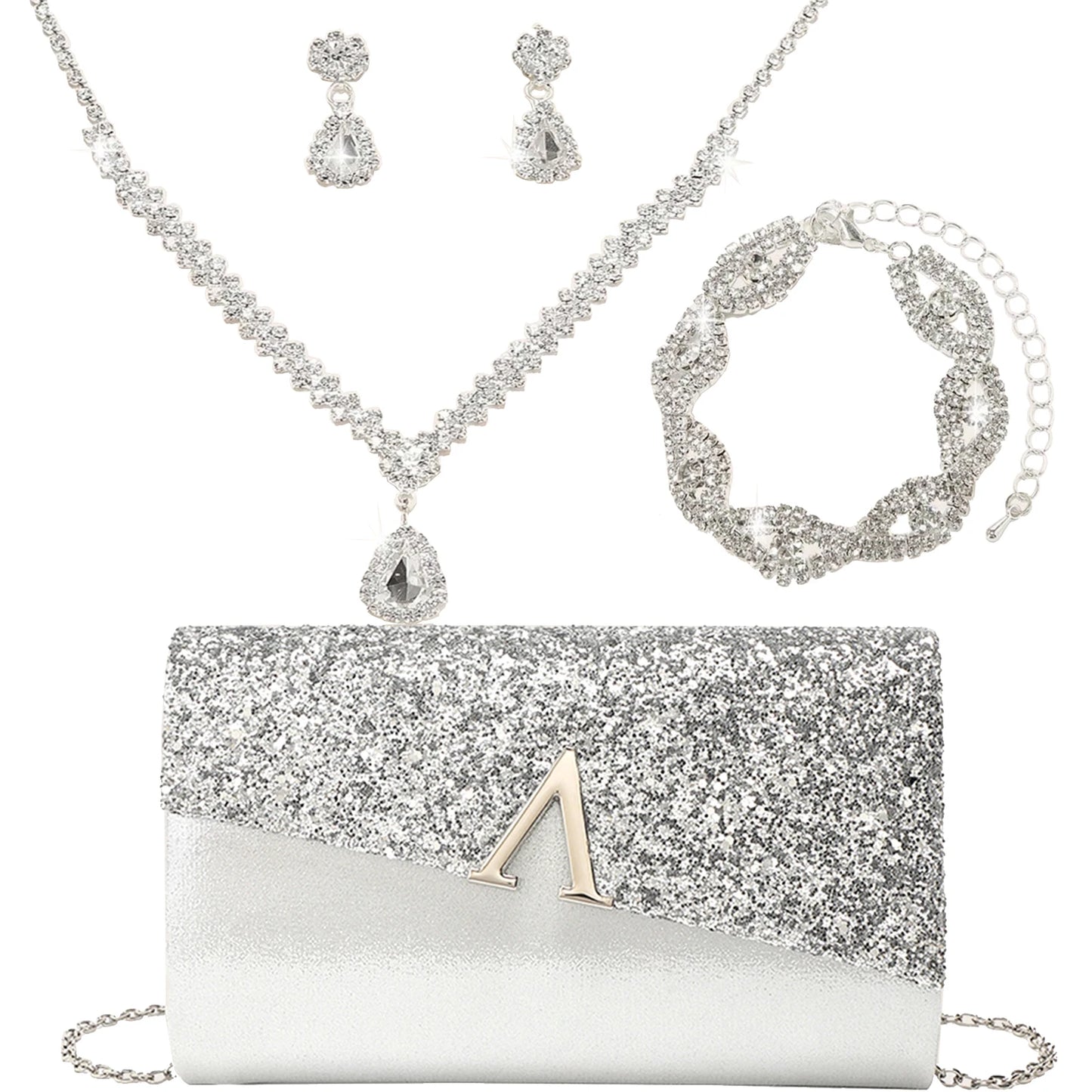 4PCS Evening Purse and Jewelry Set for Women – Glitter Clutch with Matching Necklace, Earrings & Bracelet for Banquet or Bridal Events - Elegant Gift for Her