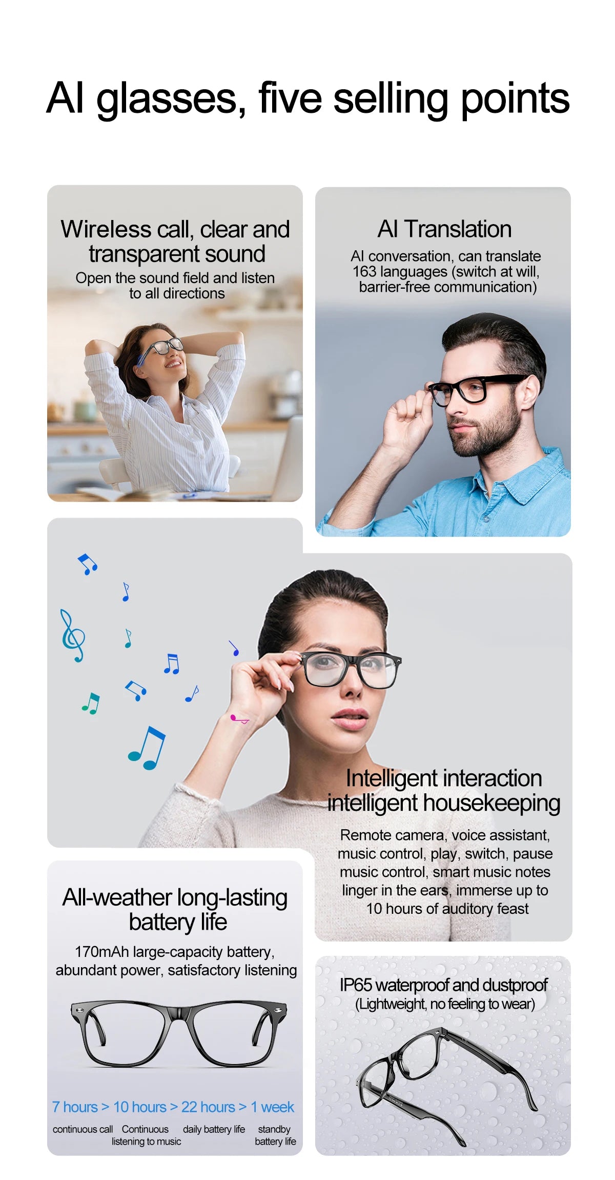 LIGE Intelligent Translation Smart Bluetooth Glasses - Wireless Calling Sunglasses with Mic, Touch Control & Voice Assistant - Perfect Gift for All