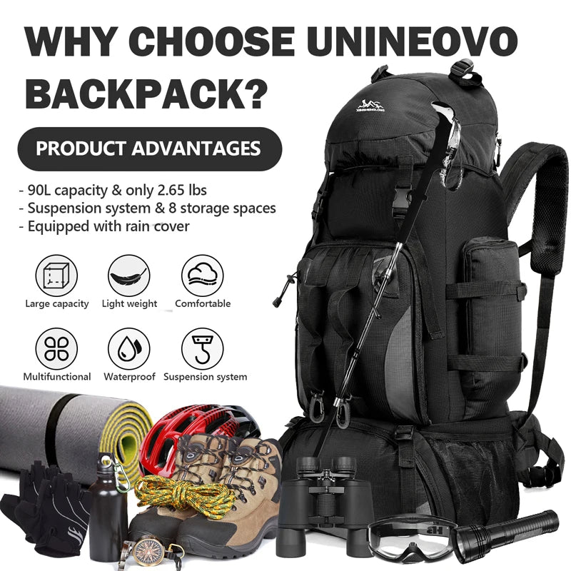 Men's 90L Trekking Bag | Waterproof Outdoor Backpack for Hiking, Camping & Travel Adventures, Heavy-Duty Rucksack With Cover| Perfect Gift for Him