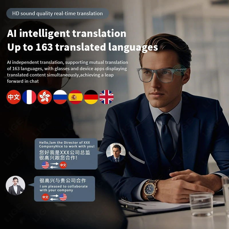 LIGE Intelligent Translation Smart Bluetooth Glasses - Wireless Calling Sunglasses with Mic, Touch Control & Voice Assistant - Perfect Gift for All