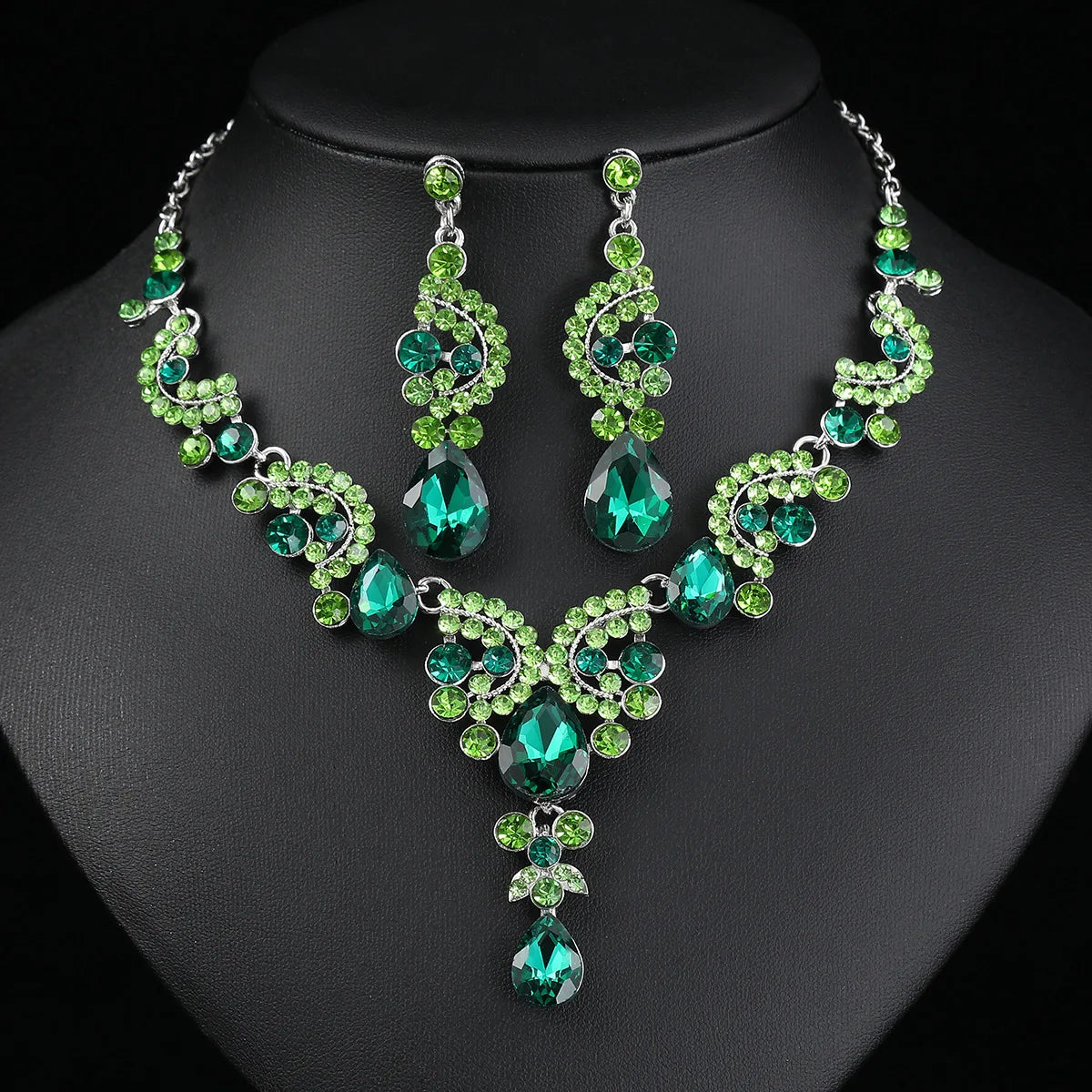 Women's 2pcs Rhinestone Waterdrop Jewelry Set – Blue Red Green White Champagne Pendant Necklace and Earrings for Bride or Special Occasions - Elegant Gift For Her