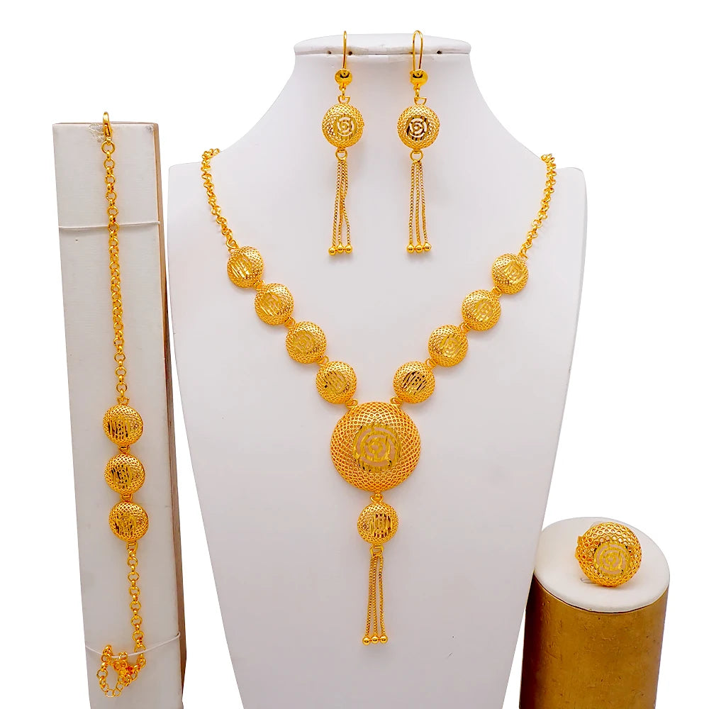 African Indian Gold Jewelry Set for Women – Dubai Style Bridal Tassel Long Necklace, Earrings, Ring & Bangle - Ideal Gift for Her