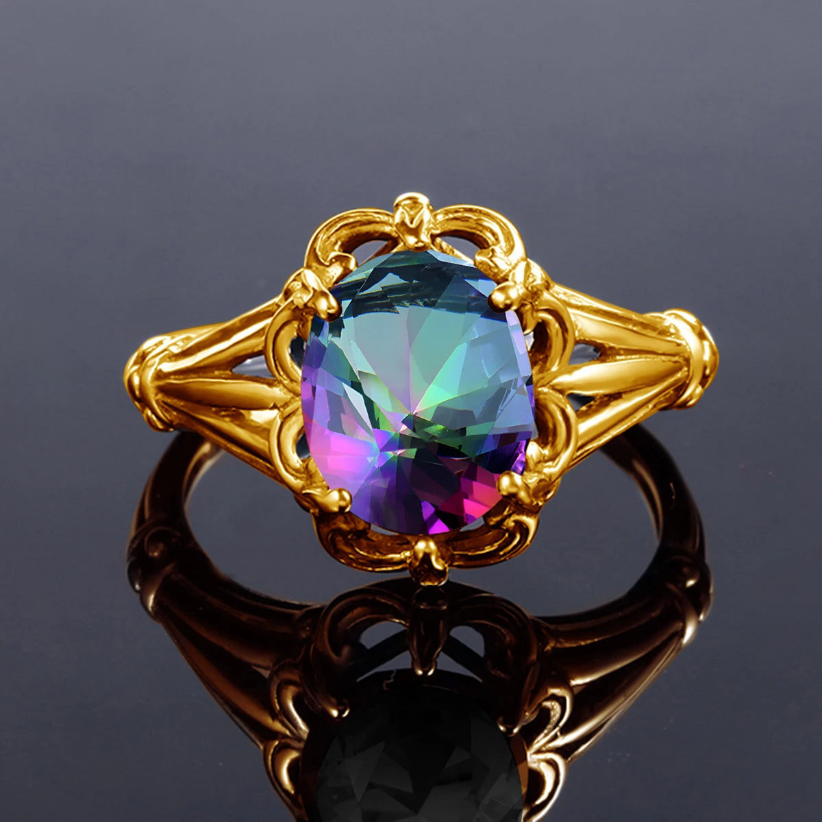 Handmade Mystic Topaz Gemstones Gold Ring – High Quality, 8*10mm Oval Stone Women’s Trending Jewelry For Birthday, Party, Daily Wear - Elegant gift for Her