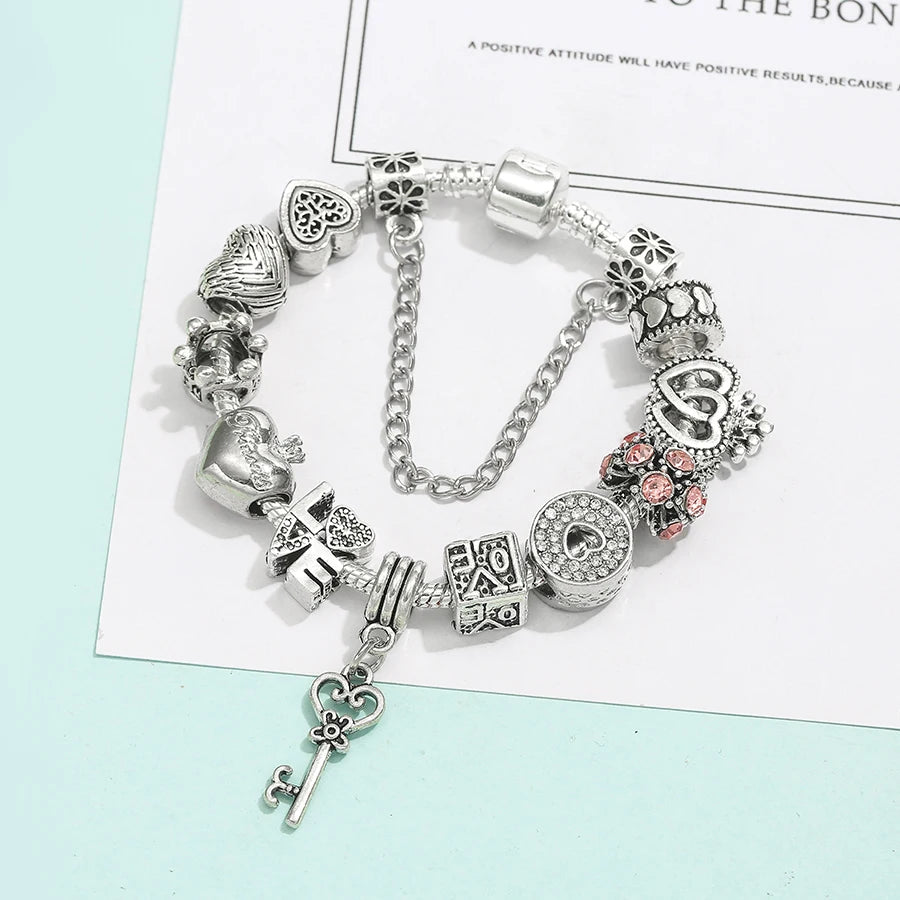 Women's Heart Key Pendant Charm Bracelets - Original Girls Princess Crown Beaded Bracelet Wife Jewelry - Excellent Gift For Women
