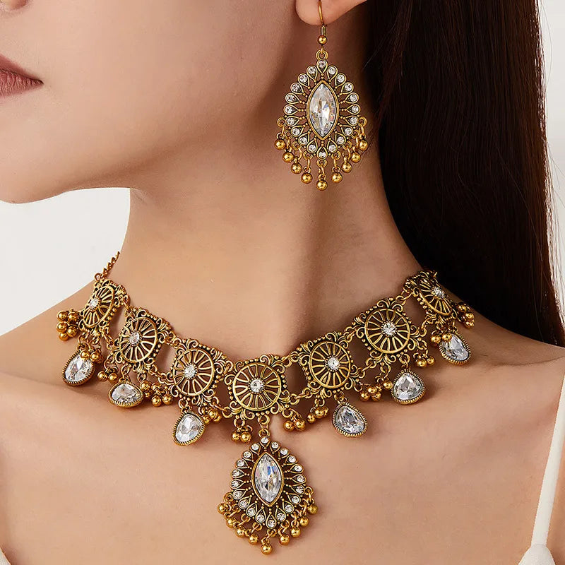 Hollow Metal Ethnic Water Drop Jewelry Set for Women – Vintage Resin Pendant Necklace & Earring Gift Set for Her