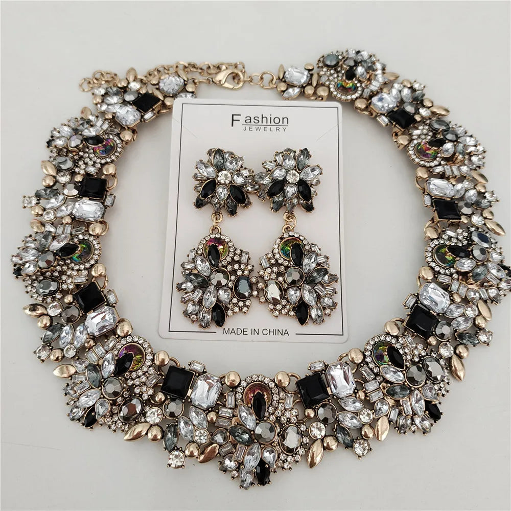Indian Statement Wedding Choker Necklace Earrings with a Large Collar - New Fashion Crystal Rhinestone Jewelry Sets for Ladies - Ideal Gift for Women