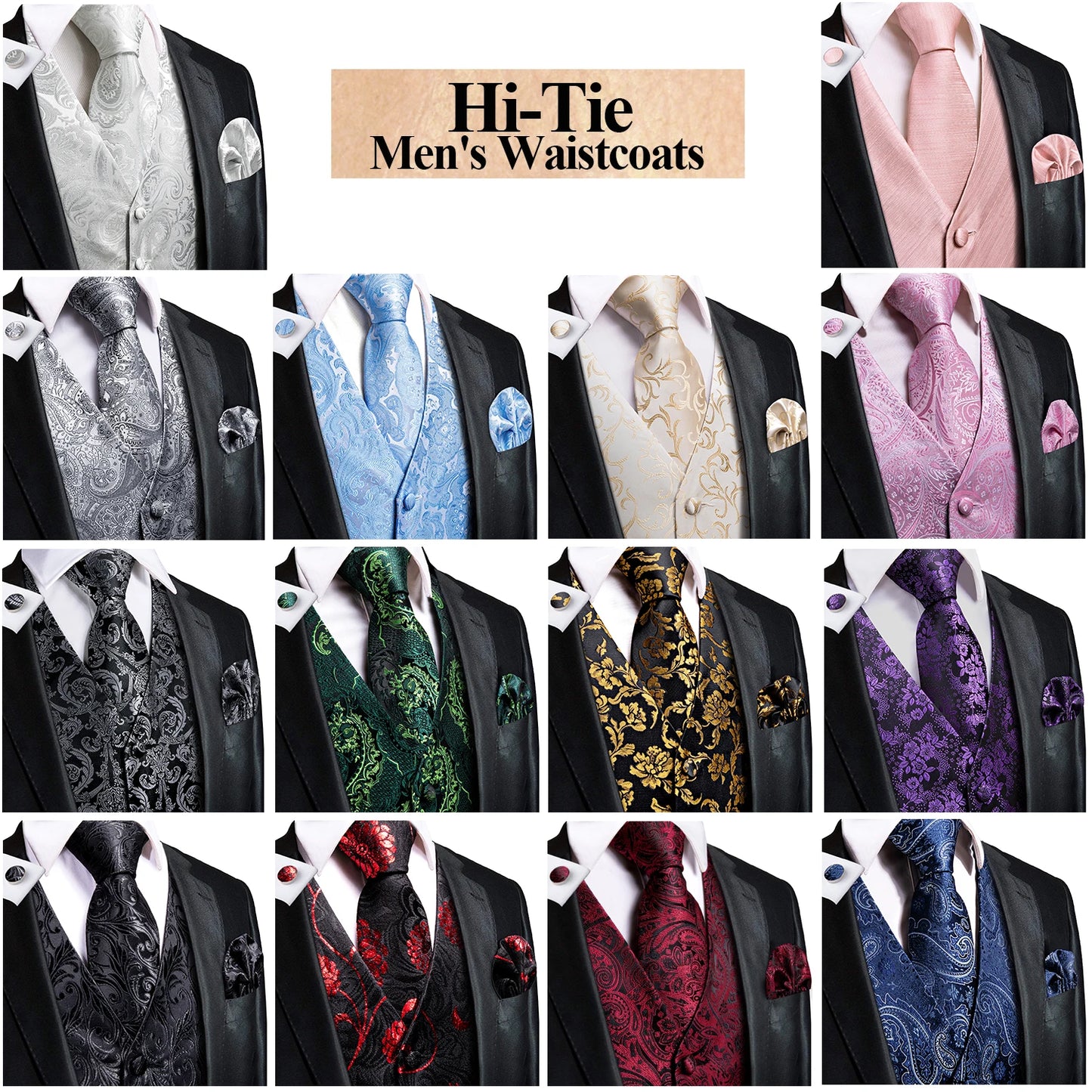 Elegant Men's Formal Silk Vest & Accessories By Hi-Tie | Waistcoat Set with Tie, Bowtie, Hanky, Cufflinks for Business, Office, Party, Wedding - Ideal Gift for Him