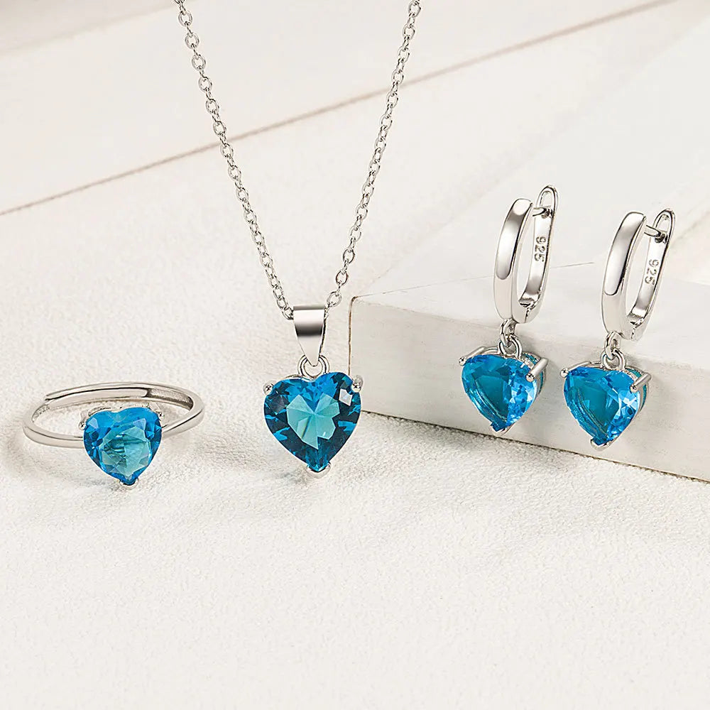 Women's Jewelry Sets - Heart Shape Zircon Ring, Earrings & Pendant Necklace of 925 Sterling Silver, Perfect for Party, Office, Wedding, Christmas & All Occasions - Elegant Jewelry Gift Set For Women