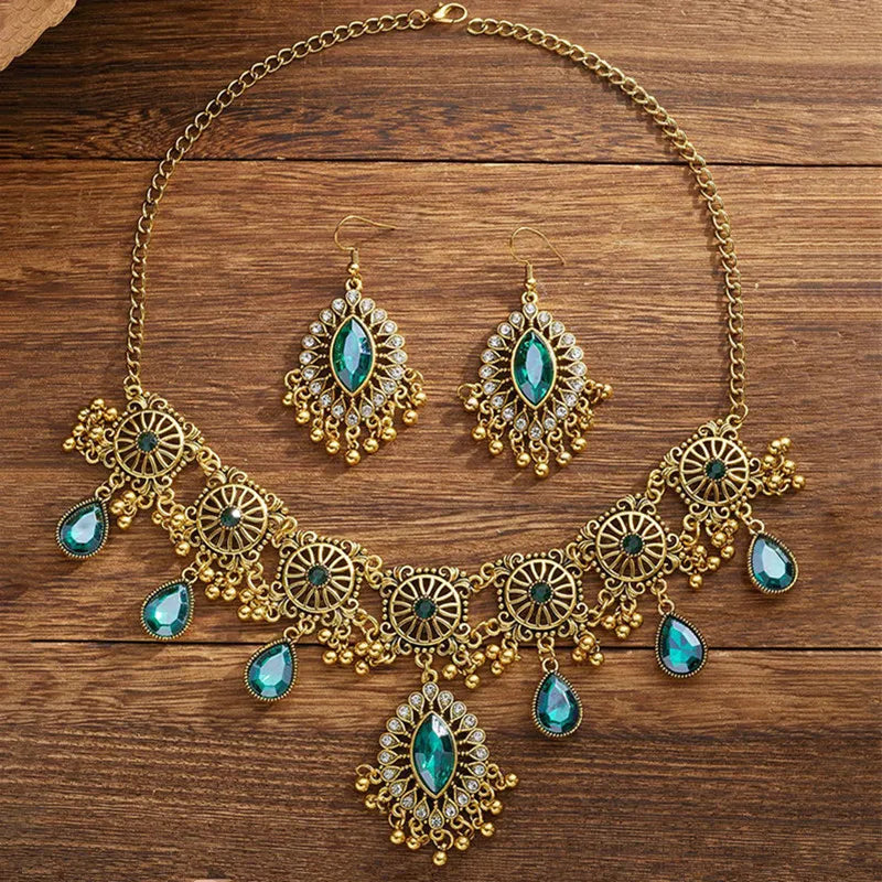 Hollow Metal Ethnic Water Drop Jewelry Set for Women – Vintage Resin Pendant Necklace & Earring Gift Set for Her