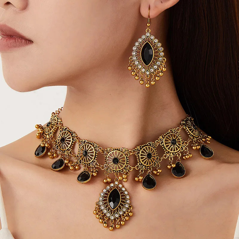Hollow Metal Ethnic Water Drop Jewelry Set for Women – Vintage Resin Pendant Necklace & Earring Gift Set for Her