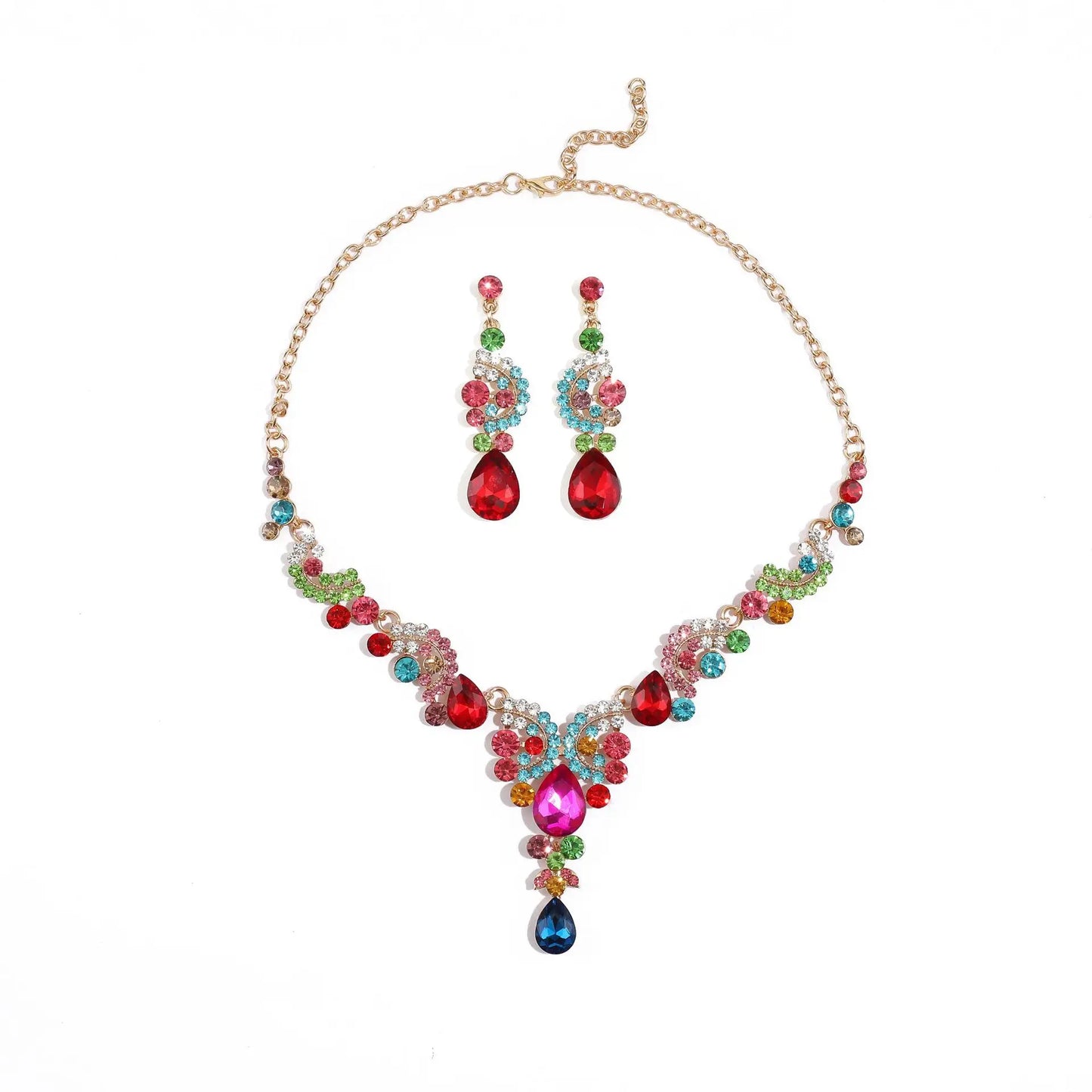 Women's 2pcs Rhinestone Waterdrop Jewelry Set – Blue Red Green White Champagne Pendant Necklace and Earrings for Bride or Special Occasions - Elegant Gift For Her