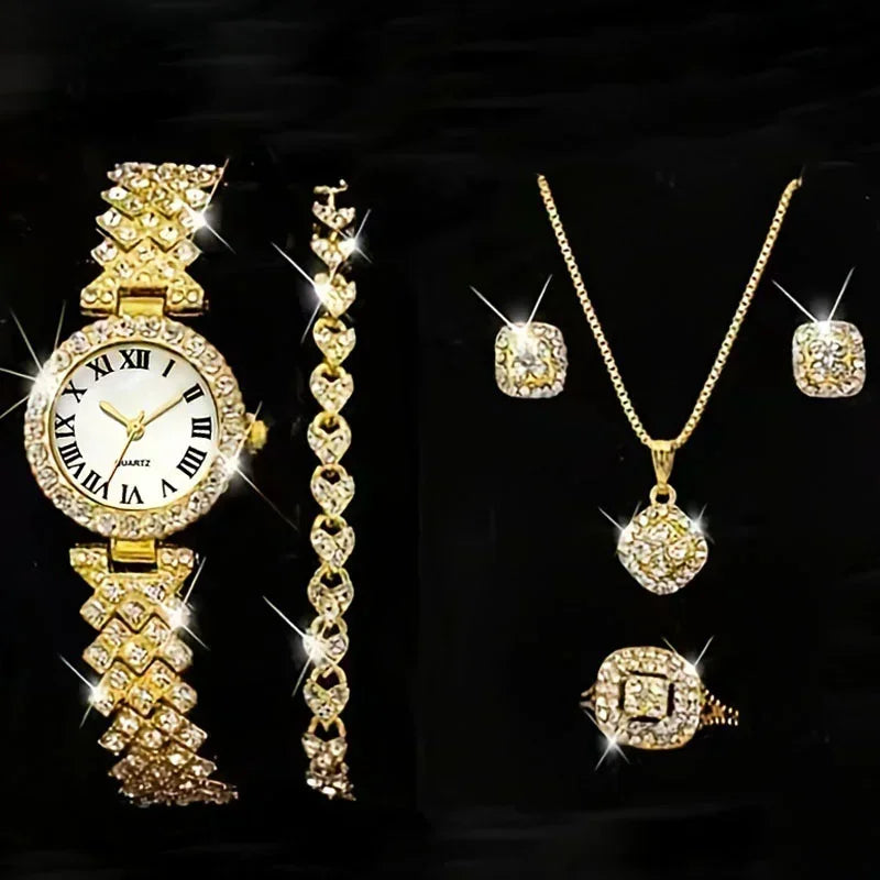 Luxury Five-Pieces Crystal Watch & Jewelry Set for Women - Rhinestone Wristwatch, Necklace, Earrings, Ring & Bracelet Set - Elegant Gift Set for Women