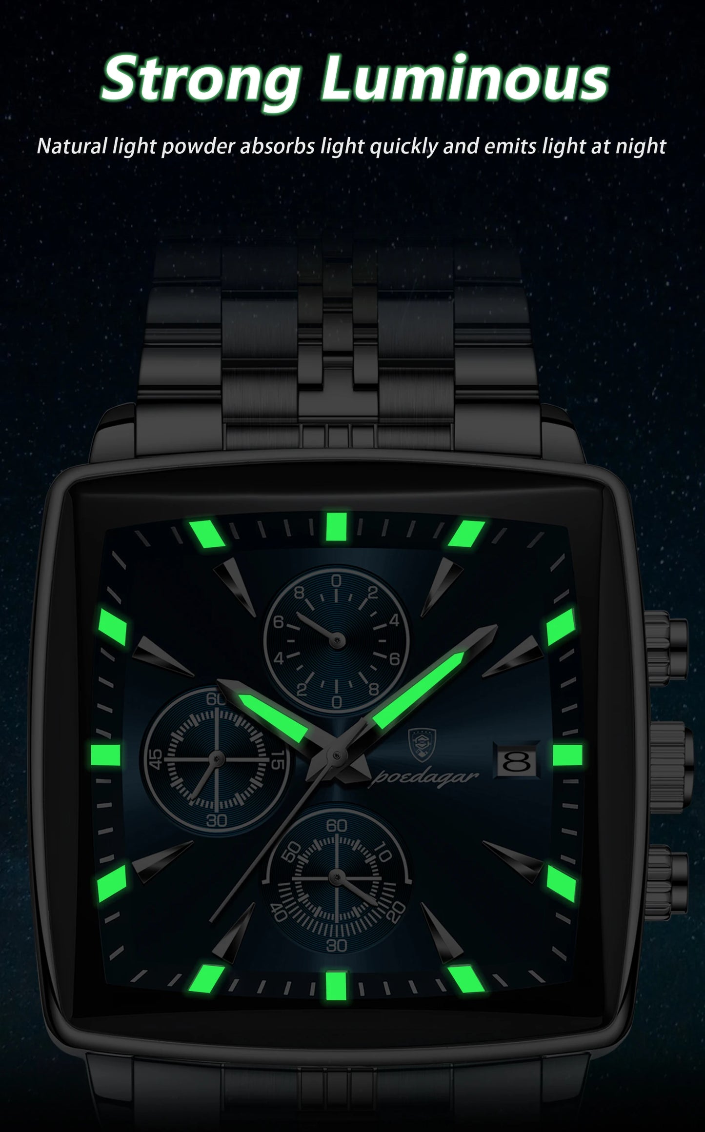 POEDAGAR Square Men’s Watch, Waterproof – Premium Stainless Steel Chronograph with Luminous Display Casual Wrist Watch. Gift for all.