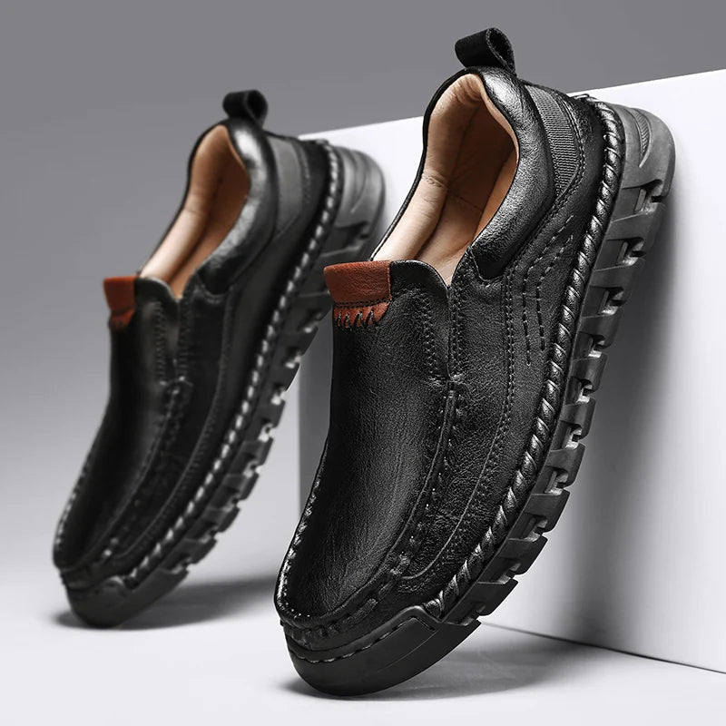 Classic Retro Leather Loafer Shoes for Men – Elegant Hand-Sewn Slip-On Casual Footwear for Summer & Spring Parties - Gift for Him