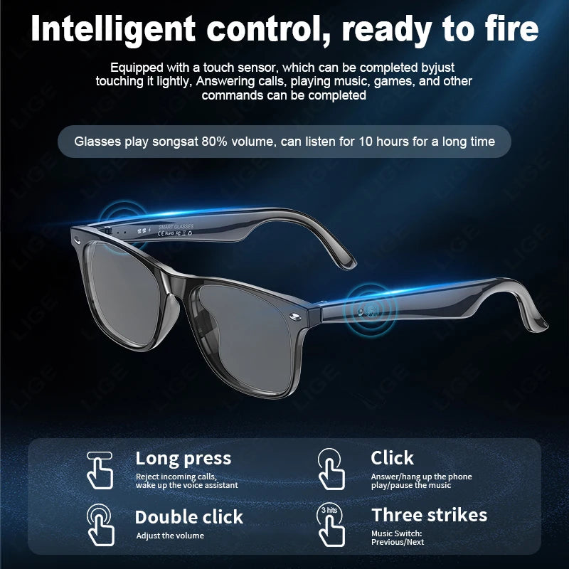 LIGE Intelligent Translation Smart Bluetooth Glasses - Wireless Calling Sunglasses with Mic, Touch Control & Voice Assistant - Perfect Gift for All