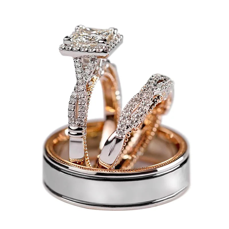 3-in-1 Vintage 14K Gold Engagement, Wedding & Promise Ring Set with Lab Diamonds – Unisex Party Jewelry & Perfect Gift for Couple