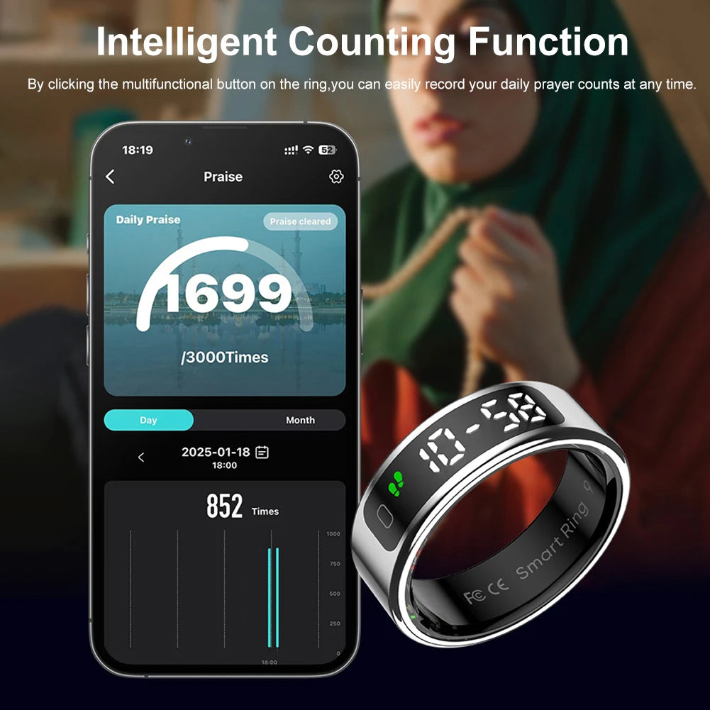 Touchscreen Smart Ring with Display – Heart Rate & Blood Oxygen Monitor, 5ATM Waterproof, Android & iOS Compatible - Gift for All