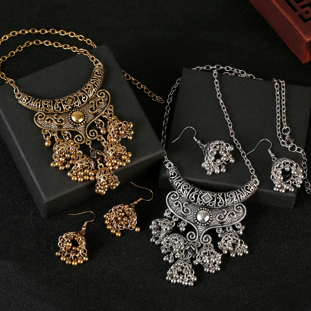 Luxury Earring/Necklace Set for women - Bijoux Wedding Jewelry Hangers Ethnic Carved Indian Jhumka Earrings - Charm gift for Women
