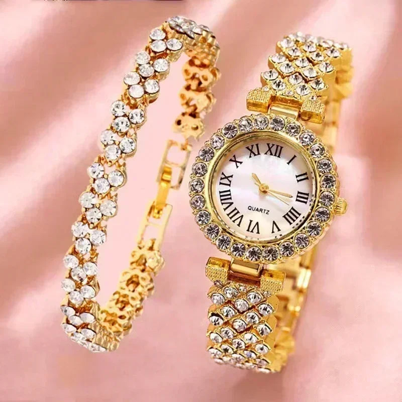 Luxury Five-Pieces Crystal Watch & Jewelry Set for Women - Rhinestone Wristwatch, Necklace, Earrings, Ring & Bracelet Set - Elegant Gift Set for Women
