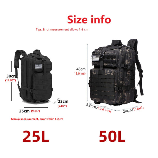 Sturdy Tactical Backpack , 25L and 50L Capacity, Waterproof Nylon for Outdoor Activities