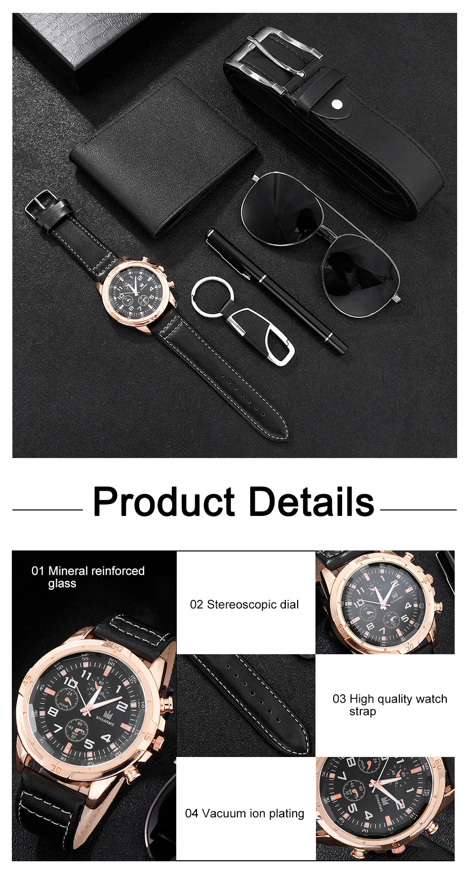 6-in-1 Business Luxury Gift Set for Men:  Watch, Glasses, Pen, Keychain, Belt & Purse - Elegant Gift Set for Men