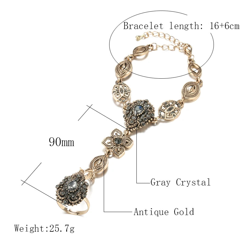 Bracelet Link Ring For Women - 585 Alloy Gold Color Crystal Flower Luxury Boho Charm Bracelet Jewelry For Wedding & Party - Ideal Gift for Women