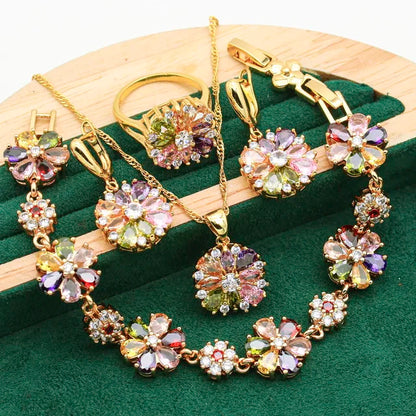Classic-925-Silver-Gold-Color-Jewelry-Sets-For-Women-Wedding-Multicolor-Zircon-Bracelet-Earrings-Necklace-Pendant
