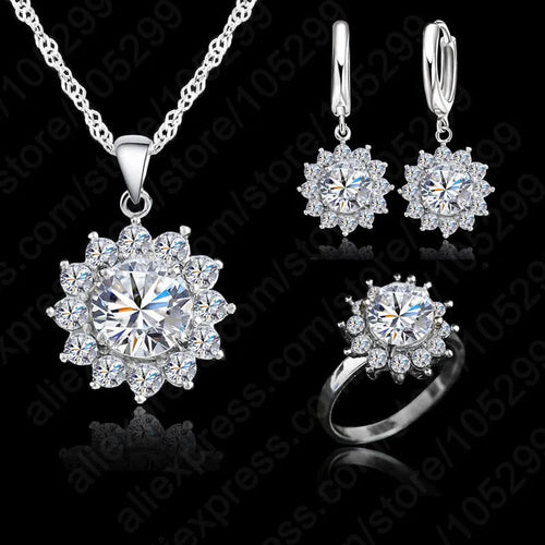 Silver Jewelry Sets Earrings / Pendant Necklace / Rings Sizes 6-9 :  Flower Sun Cubic Zirconia Newest Fashion Jewelry Sets Perfect for All Occasions & Party - Ideal Gift for Women