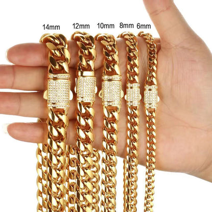 Upgrade Your Style with 6mm-14mm  Gold Color 316L Stainless Steel Miami Curb Chain Necklace & Bracelet Crystal Lock - Perfect Gift for Men and Women!