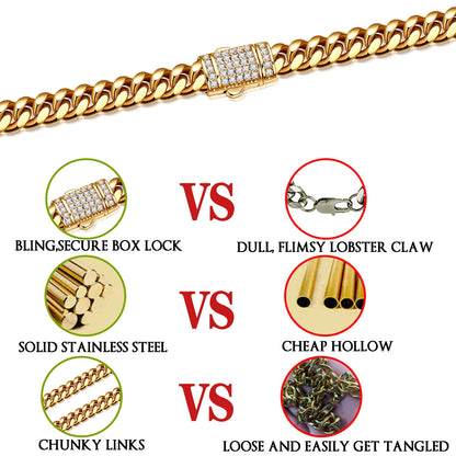 Upgrade Your Style with 6mm-14mm  Gold Color 316L Stainless Steel Miami Curb Chain Necklace & Bracelet Crystal Lock - Perfect Gift for Men and Women!