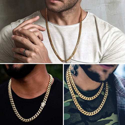 Upgrade Your Style with 6mm-14mm  Gold Color 316L Stainless Steel Miami Curb Chain Necklace & Bracelet Crystal Lock - Perfect Gift for Men and Women!