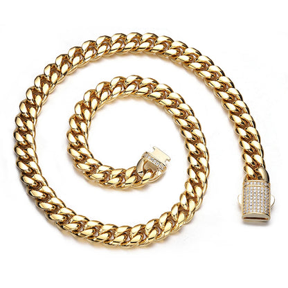 Upgrade Your Style with 6mm-14mm  Gold Color 316L Stainless Steel Miami Curb Chain Necklace & Bracelet Crystal Lock - Perfect Gift for Men and Women!