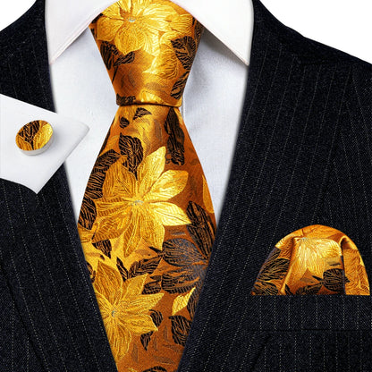 Gold Leaves Floral Silk Tie with   Pocket Square Cufflinks  - Elegant Gift Set for Men