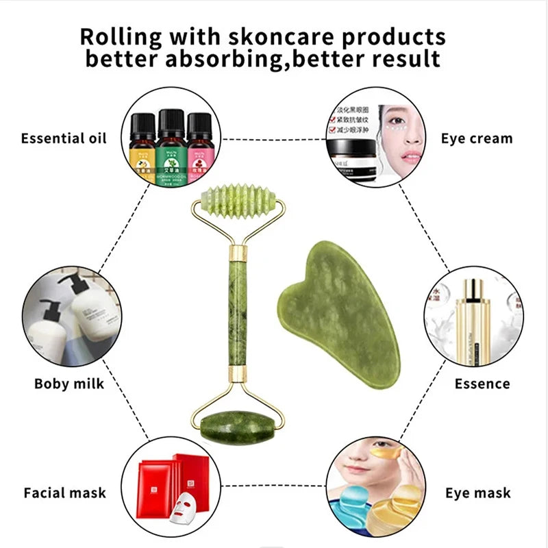 Jade Roller And Gua Sha Set - Natural Stone Dual-Ended Massage Tools For Face, Neck & Whole Body Care. Get Glowing Skin - Ideal Gift For All Women.