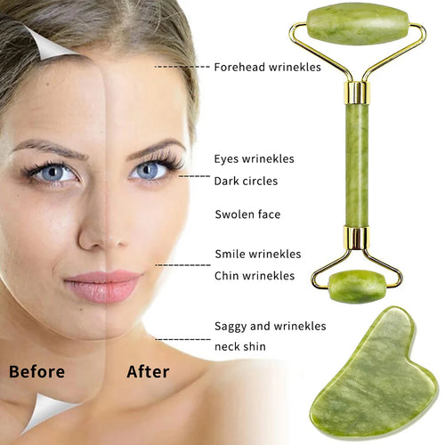 Jade Roller And Gua Sha Set - Natural Stone Dual-Ended Massage Tools For Face, Neck & Whole Body Care. Get Glowing Skin - Ideal Gift For All Women.