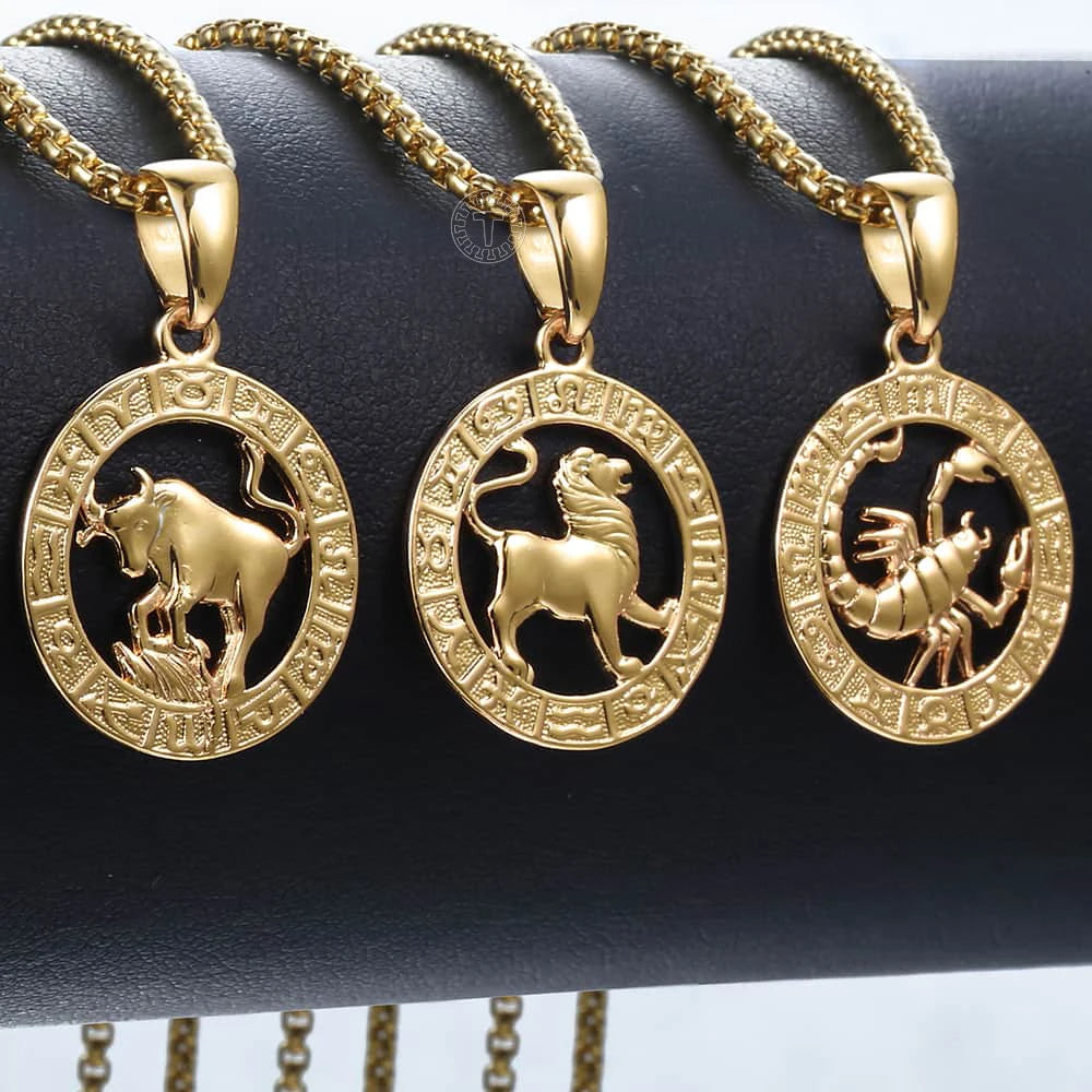 Men's Women's 12 Horoscope Zodiac Sign Gold Color Pendant Necklace Aries Leo Wholesale 12 Constellations Jewelry GPM24