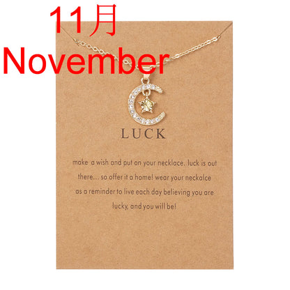 2026 New Fashion Birthstone Moon & Star Crystal Pendant Necklace for Women – Elegant Clavicle Chain Choker, Perfect for Birthday Gifts and Creative Jewelry Accessories.