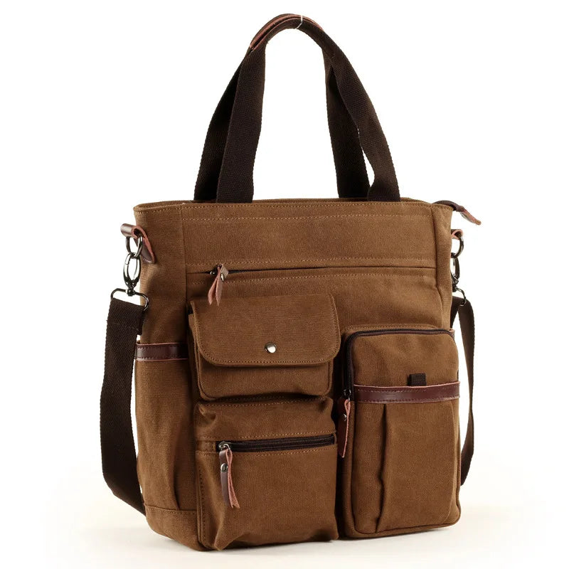 Men's Handbags: Canvas Briefcase, Large Capacity Laptop Shoulder Bag, Vintage Travel Tote, Coffee Color