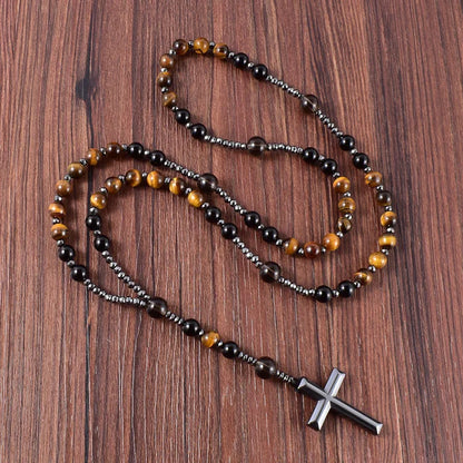 Natural Black Onyx With Tiger Eye Stone Catholic Christ Rosary Necklaces Hematite Cross Pendant Men Necklace Meditation Jewelry