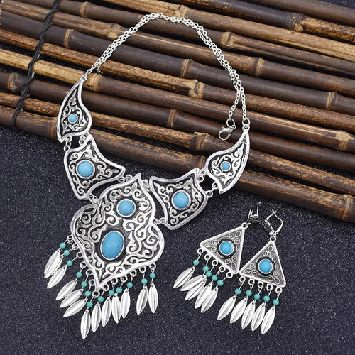 Tassel Choker Necklace Earrings for Ladies  in Vintage Style - Blue Acrylic Stone Beads Bohemian African Ethnic Jewelry Set for Gypsies - Perfect Gift for Women