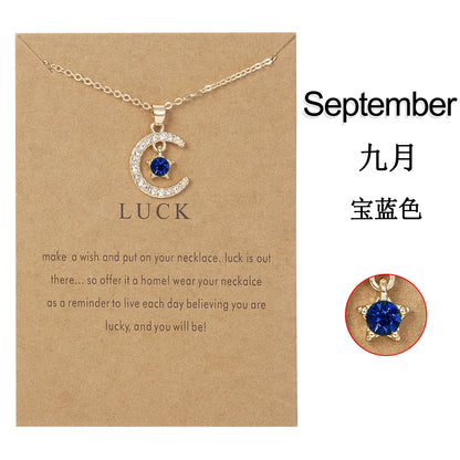 2026 New Fashion Birthstone Moon & Star Crystal Pendant Necklace for Women – Elegant Clavicle Chain Choker, Perfect for Birthday Gifts and Creative Jewelry Accessories.