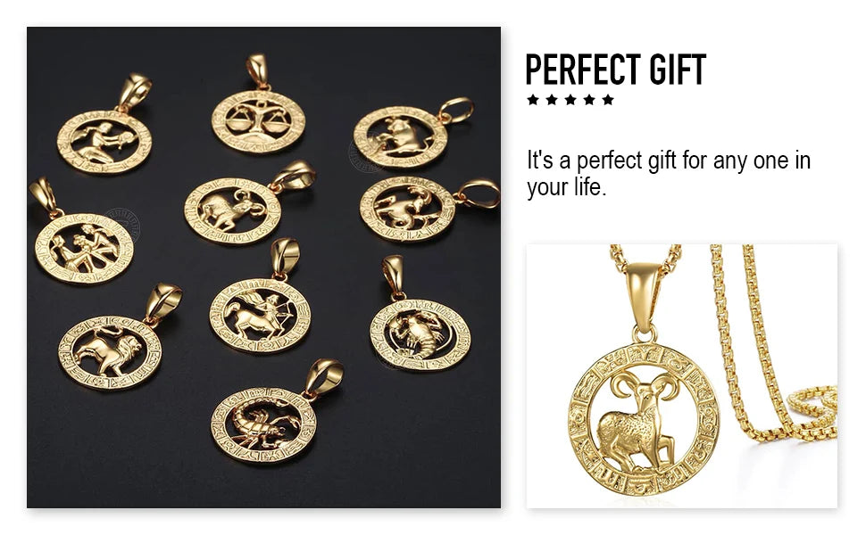 Men's Women's 12 Horoscope Zodiac Sign Gold Color Pendant Necklace Aries Leo Wholesale 12 Constellations Jewelry GPM24