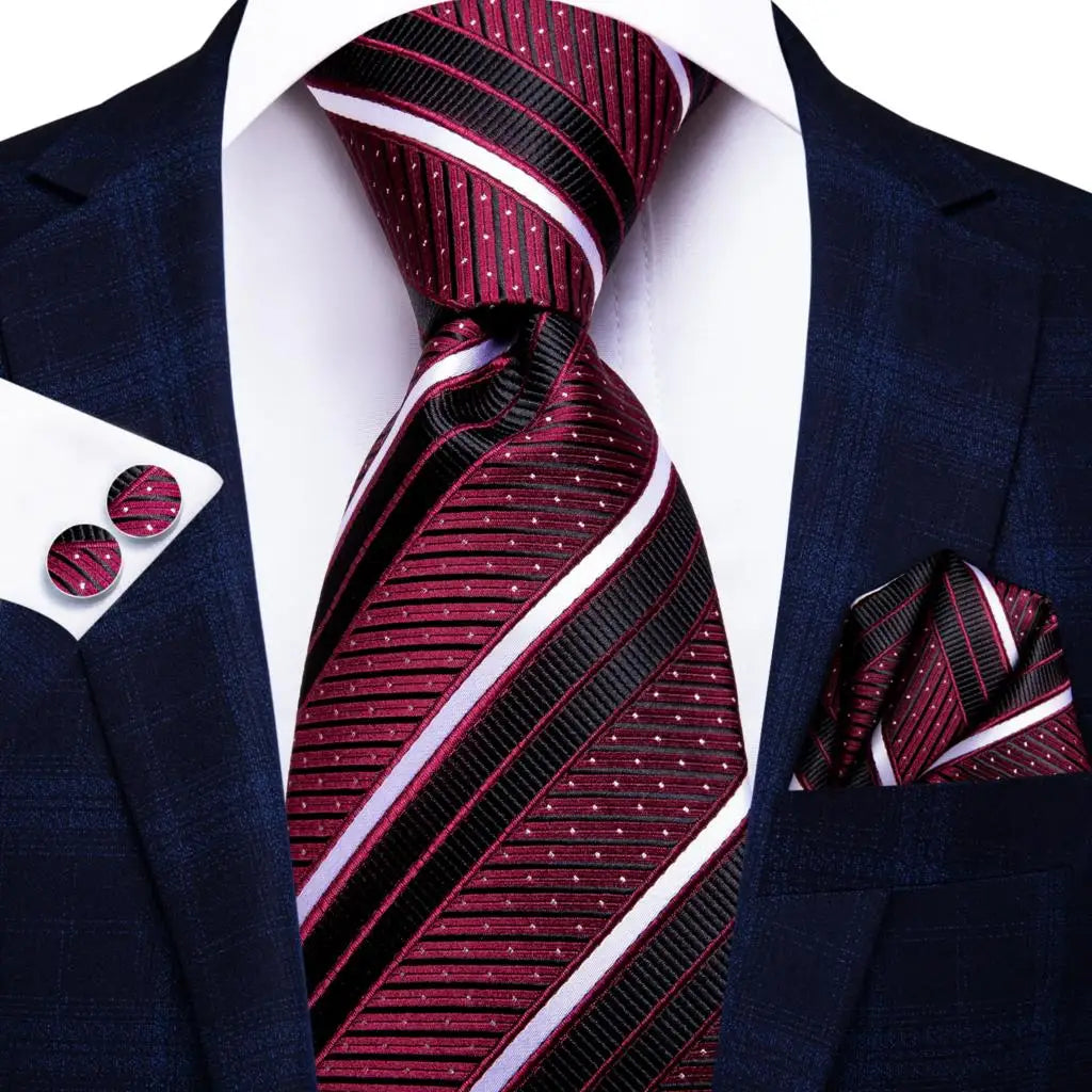 Men's Black and Red Striped Silk Wedding Tie - Fashion Business Party Necktie with Hanky Cufflink - Ideal Gift for men.