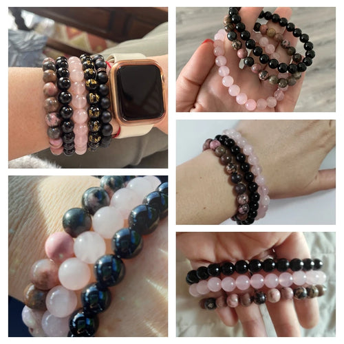 3Pcs Natural Stone Healing Bracelet Set For Men & Women | Rose Quartz, Obsidian, Amethyst & Tiger Eye Beaded Elastic Bracelets for Health & Protection - Ideal Gift